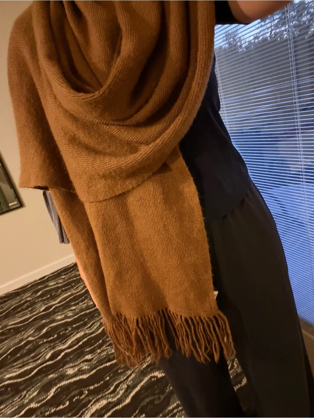 100% Baby Alpaca Cozy Camel colored Fringed Knit Scarf #149